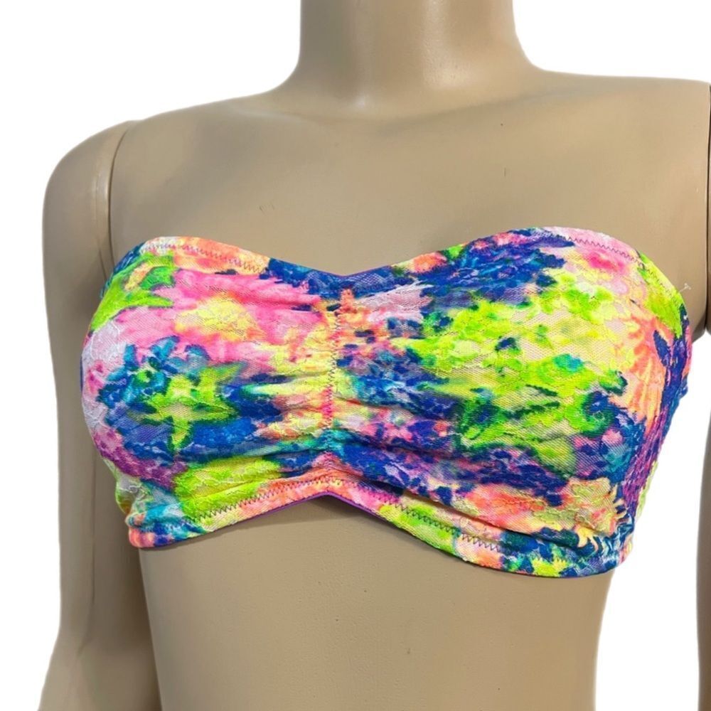 Victorias Secret Pink Strapless Ruched Lace Bandeau Bralette bra multicolor M